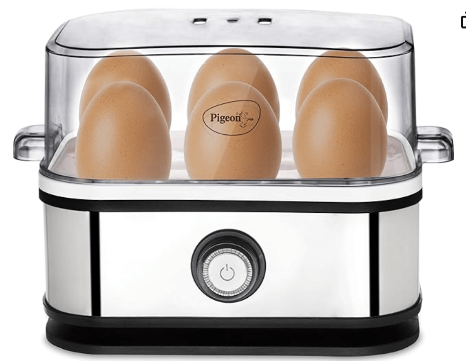 Pigeon by Stovekraft Perfecto Egg Boiler with See Through Lid |350 Watts |Boil upto 6 Eggs (Hard, Medium, Soft) | Measuring Cup |1 year warranty | Automatic Shut off, Black & Silver