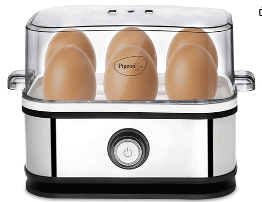 Pigeon by Stovekraft Perfecto Egg Boiler with See Through Lid |350 Watts |Boil upto 6 Eggs (Hard, Medium, Soft) | Measuring Cup |1 year warranty | Automatic Shut off, Black & Silver