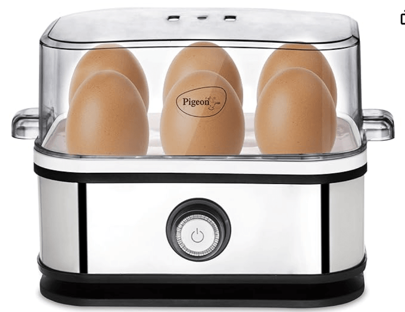 Pigeon by Stovekraft Perfecto Egg Boiler with See Through Lid |350 Watts |Boil upto 6 Eggs (Hard, Medium, Soft) | Measuring Cup |1 year warranty | Automatic Shut off, Black & Silver-1