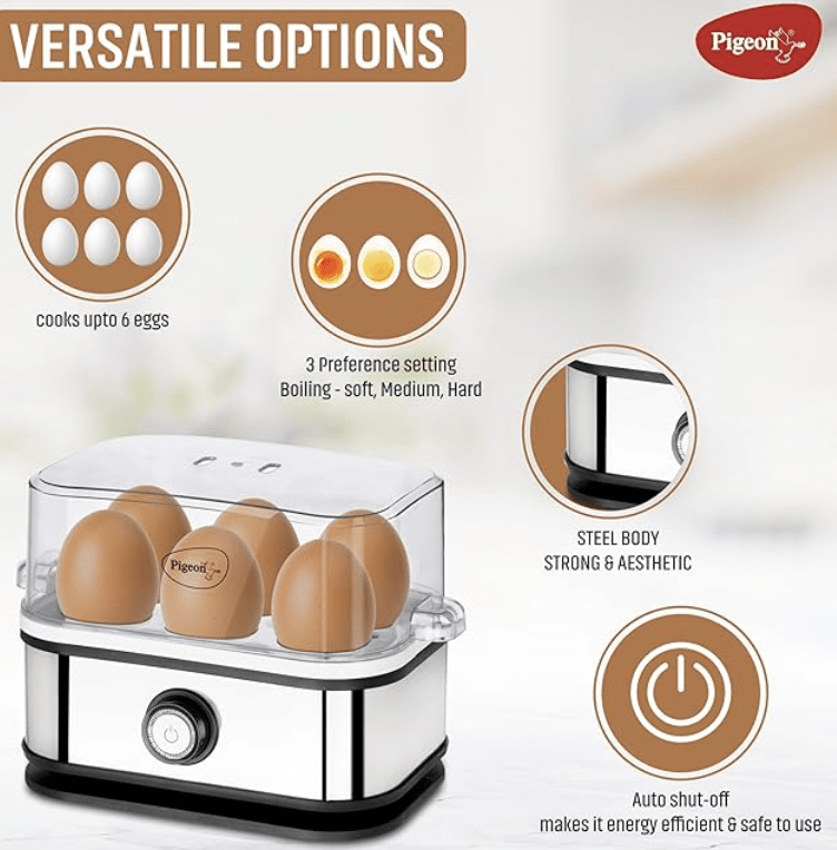 Pigeon by Stovekraft Perfecto Egg Boiler with See Through Lid |350 Watts |Boil upto 6 Eggs (Hard, Medium, Soft) | Measuring Cup |1 year warranty | Automatic Shut off, Black & Silver