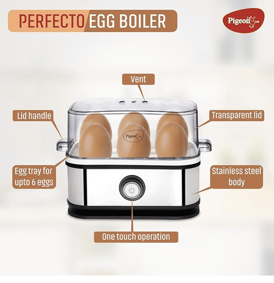 Pigeon by Stovekraft Perfecto Egg Boiler with See Through Lid |350 Watts |Boil upto 6 Eggs (Hard, Medium, Soft) | Measuring Cup |1 year warranty | Automatic Shut off, Black & Silver