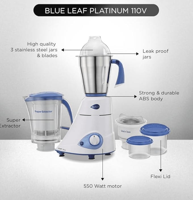 Preethi Platinum MG-153 mixer grinder, 550 watt, 3 jars includes Super Extractor juicer Jar with 2 Air-Tight Containers (White/Blue)