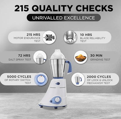 Preethi Platinum MG-153 mixer grinder, 550 watt, 3 jars includes Super Extractor juicer Jar with 2 Air-Tight Containers (White/Blue)