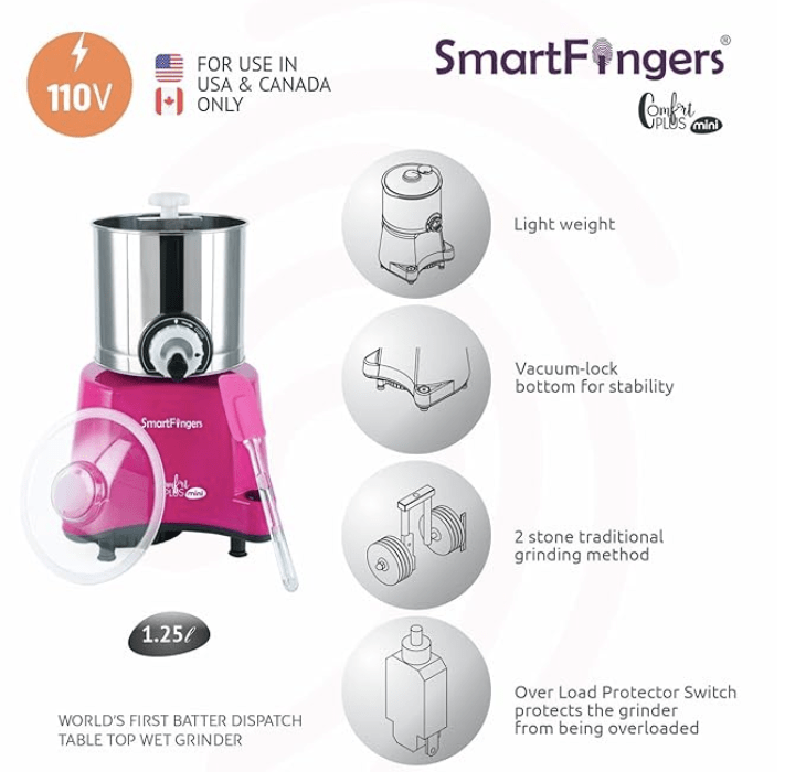 स्मार्टफिंगर्स स्टेनलेस स्टील कम्फर्ट प्लस टेबल टॉप मैजिक वेट ग्राइंडर 110V 60Hz (1.25 लीटर) केवल यूएसए, कनाडा और जापान के लिए, गुलाबी 