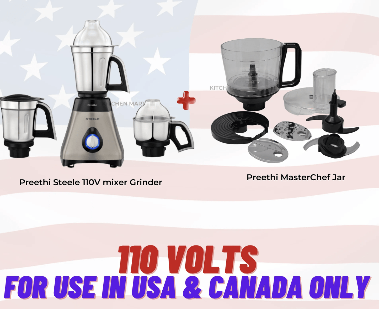 Preethi Steele MG 206 110V, 550-Watt Mixer Grinder with Masterchef Jar - 110 Volts EXCLUSIVELY for USA & Canada!