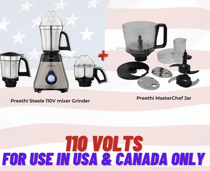 Preethi Steele MG 206 110V, 550-Watt Mixer Grinder with Masterchef Jar - 110 Volts EXCLUSIVELY for USA & Canada!