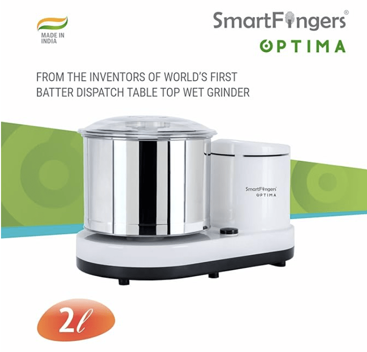स्मार्टफिंगर्स ऑप्टिमा टेबल टॉप वेट ग्राइंडर 230V 50hz, 2 लीटर, सफ़ेद 