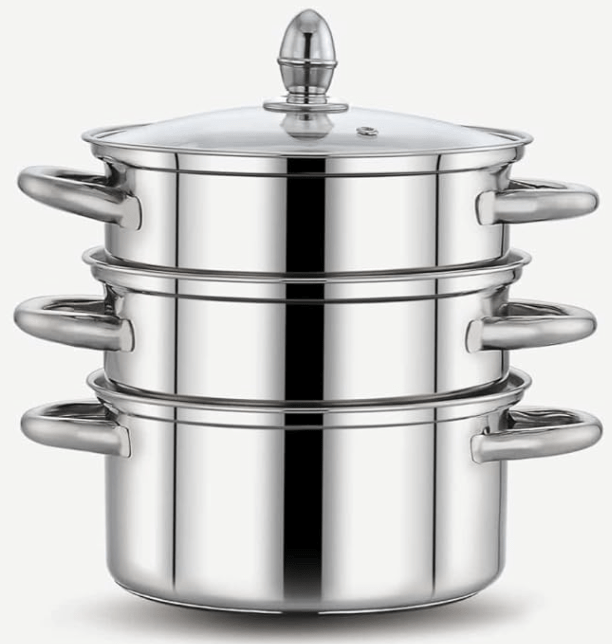 PrayLady Stainless steel 3 Ply Base Cookware Steamer,Capacity - 2.0 Litre (2 Tier) (2 TIER STEAMER - 20 CM), Silver.