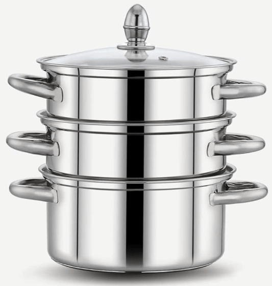 PrayLady Stainless steel 3 Ply Base Cookware Steamer,Capacity - 2.0 Litre (2 Tier) (2 TIER STEAMER - 20 CM), Silver.