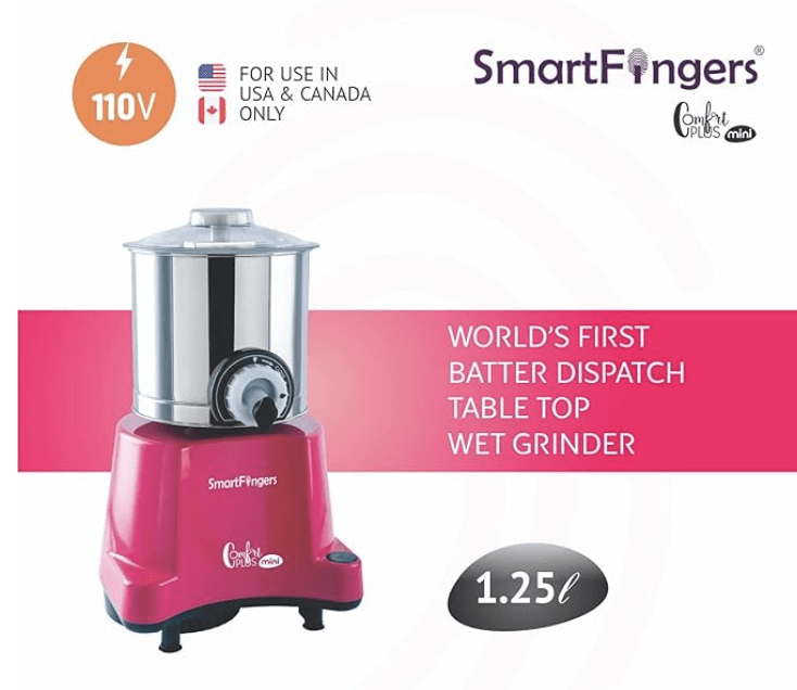 Smart Fingers Stainless Steel Comfort Plus Table Top Magic Wet Grinder 110V 60Hz (1.25 L) For Usa Canada And Japan Only, Pink-3