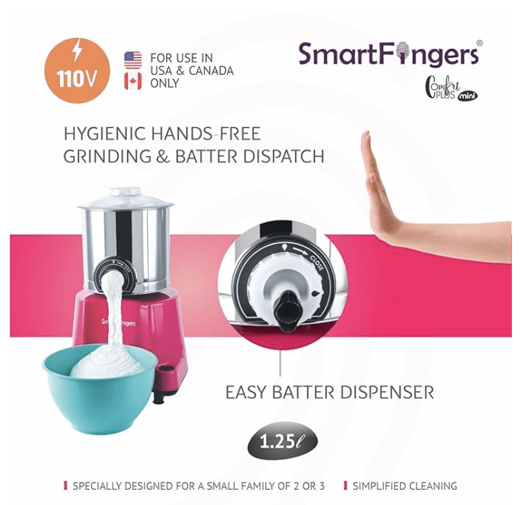 स्मार्टफिंगर्स स्टेनलेस स्टील कम्फर्ट प्लस टेबल टॉप मैजिक वेट ग्राइंडर 110V 60Hz (1.25 लीटर) केवल यूएसए, कनाडा और जापान के लिए, गुलाबी 