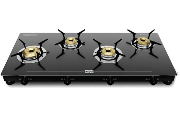 Preethi Luxe Max 4 Burner Glass Top Gas Stove With Driptray Less Infinity Design, With Jumbo Burner, 5 Year Warranty on Glass & Burner, Manual Design, Black