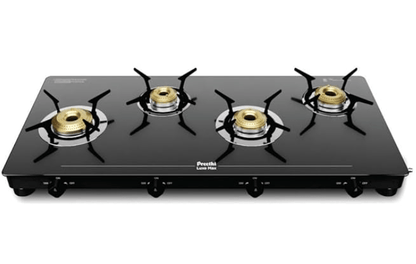 Preethi Luxe Max 4 Burner Glass Top Gas Stove With Driptray Less Infinity Design, With Jumbo Burner, 5 Year Warranty on Glass & Burner, Manual Design, Black