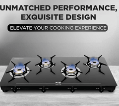 Preethi Luxe Max 4 Burner Glass Top Gas Stove With Driptray Less Infinity Design, With Jumbo Burner, 5 Year Warranty on Glass & Burner, Manual Design, Black-2