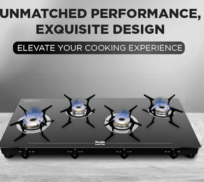 Preethi Luxe Max 4 Burner Glass Top Gas Stove With Driptray Less Infinity Design, With Jumbo Burner, 5 Year Warranty on Glass & Burner, Manual Design, Black