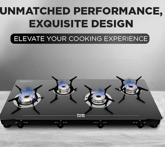 Preethi Luxe Max 4 Burner Glass Top Gas Stove With Driptray Less Infinity Design, With Jumbo Burner, 5 Year Warranty on Glass & Burner, Manual Design, Black