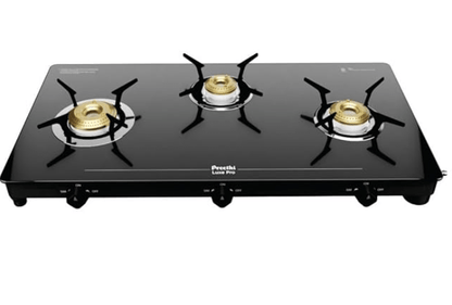 Preethi Luxe Pro 3 Burner Glass Top Gas Stove With Driptray Less Infinity Design, With Jumbo Burner, 5 Year Warranty on Glass & Burner, Manual Design, Black