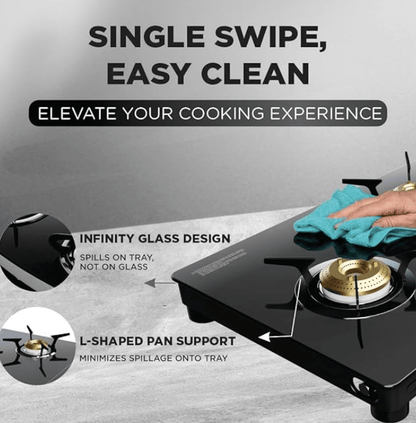 Preethi Luxe Pro 3 Burner Glass Top Gas Stove With Driptray Less Infinity Design, With Jumbo Burner, 5 Year Warranty on Glass & Burner, Manual Design, Black