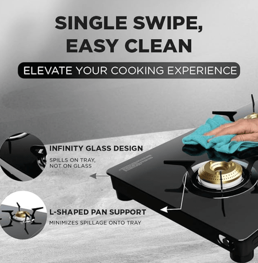 Preethi Luxe Pro 3 Burner Glass Top Gas Stove With Driptray Less Infinity Design, With Jumbo Burner, 5 Year Warranty on Glass & Burner, Manual Design, Black
