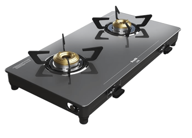 Preethi Luxe 2 Burner Glass Top Gas Stove With Driptray Less Infinity Design, 5 Year Warranty on Glass & Burner, Manual Design, Black