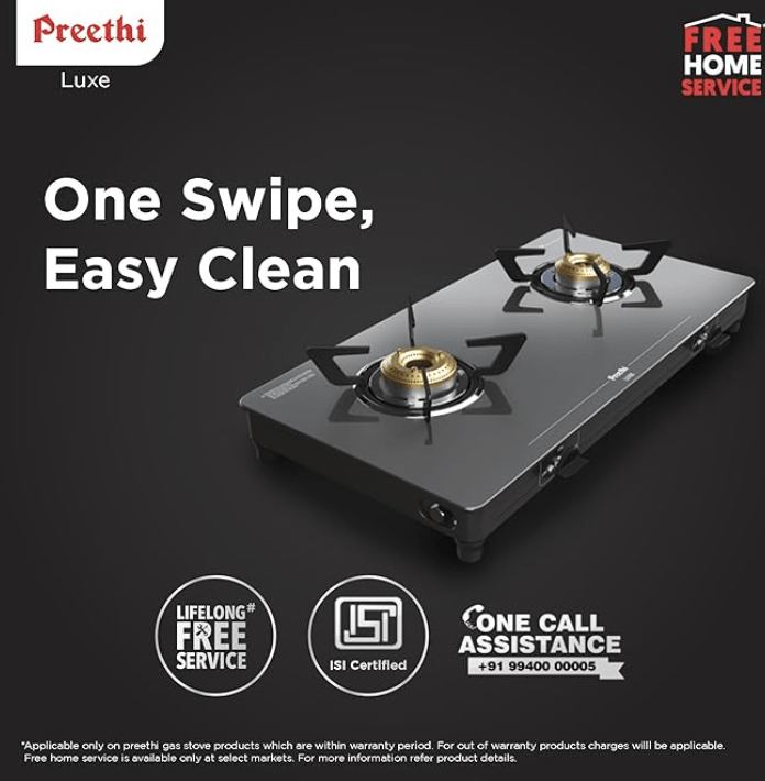Preethi Luxe 2 Burner Glass Top Gas Stove With Driptray Less Infinity Design, 5 Year Warranty on Glass & Burner, Manual Design, Black