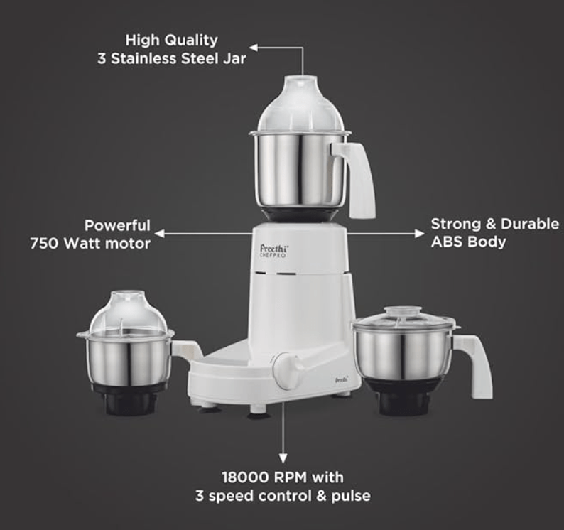 Preethi Chef Pro, MG-128, 750 Watt, 3 Jars, 5 year motor warranty, 2 years product guarantee, Life Long free service (White)
