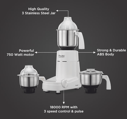 Preethi Chef Pro, MG-128, 750 Watt, 3 Jars, 5 year motor warranty, 2 years product guarantee, Life Long free service (White)