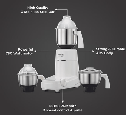 Preethi Eco Plus MG 157 mixer grinder, 750 watt, 4 jars includes Super Extractor juicer Jar , White