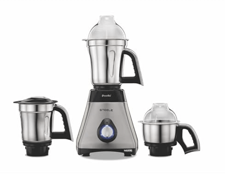 Preethi Steele Max MG-212 mixer grinder, 750 watt, Silver/Black, 3 Jars, Vega W5 motor with 2yr Guarantee & Lifelong Free Service