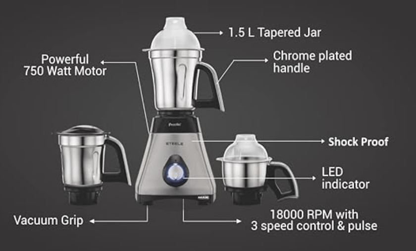 Preethi Steele Max MG-212 mixer grinder, 750 watt, Silver/Black, 3 Jars, Vega W5 motor with 2yr Guarantee & Lifelong Free Service