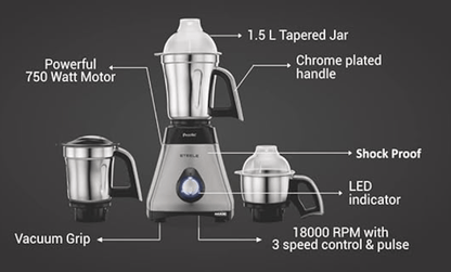 Preethi Steele Max MG-212 mixer grinder, 750 watt, Silver/Black, 3 Jars, Vega W5 motor with 2yr Guarantee & Lifelong Free Service