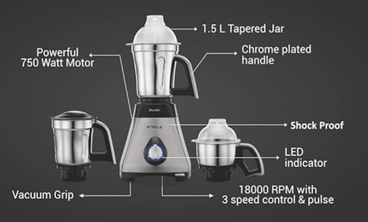 Preethi Steele Max MG-212 mixer grinder, 750 watt, Silver/Black, 3 Jars, Vega W5 motor with 2yr Guarantee & Lifelong Free Service