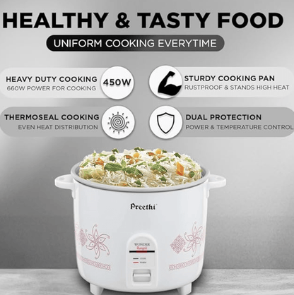 Preethi Electric Rice Cooker, 1 Litre, Single Pan, Anodized and Rustproof Aluminium Pan, White (RC 319)