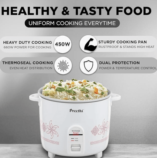 Preethi Electric Rice Cooker, 1 Litre, Single Pan, Anodized and Rustproof Aluminium Pan, White (RC 319)