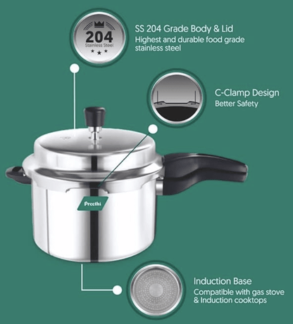 Preethi Neo Induction Base Stainless Steel Outer Lid Pressure Cooker, 5 Litres,Flame protector Handles, Composite Silver base for uniform heat conductivity,1yr Product Warranty & Lifelong Free Service