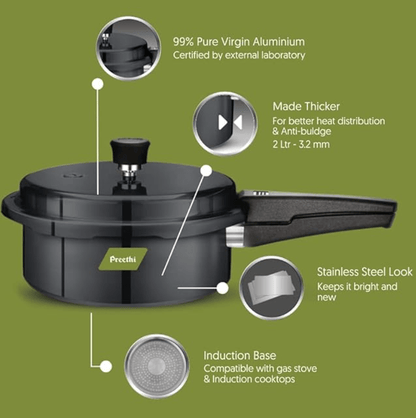 प्रीति हार्ड एनोडाइज्ड इंडक्शन बेस आउटर लिड प्रेशर कुकर 2 लीटर, ग्रे 