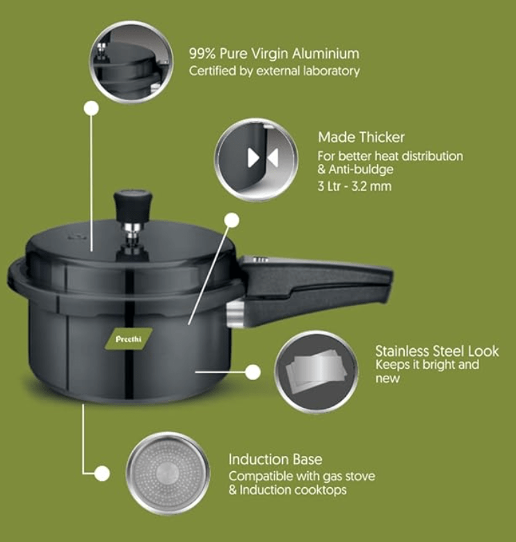 Preethi Hard Anodized Induction Base Outer Lid Pressure Cooker 3 Litres