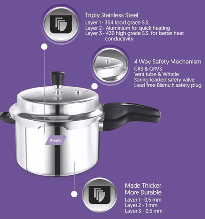 Preethi Triply Outer Lid Pressure Cooker Induction Base, 4.5 Litres