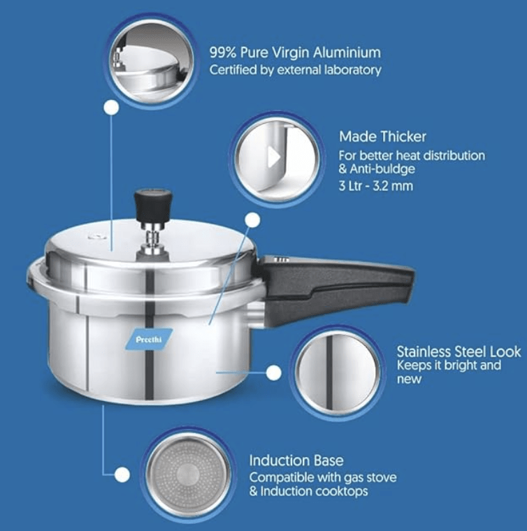 ப்ரீத்தி இண்டக்ஷன் பேஸ் அலுமினியம் அவுட்டர் லிட் பிரஷர் குக்கர், 3 லிட்டர் 