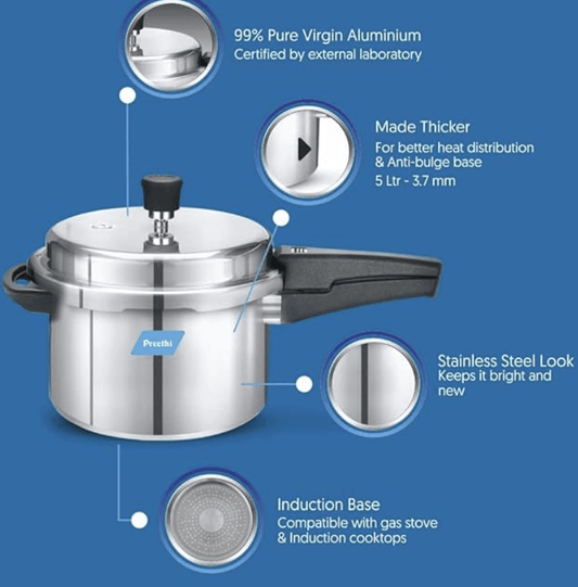 Preethi Aluminium Outer Lid Pressure Cooker Non Induction Base, 5 Litres