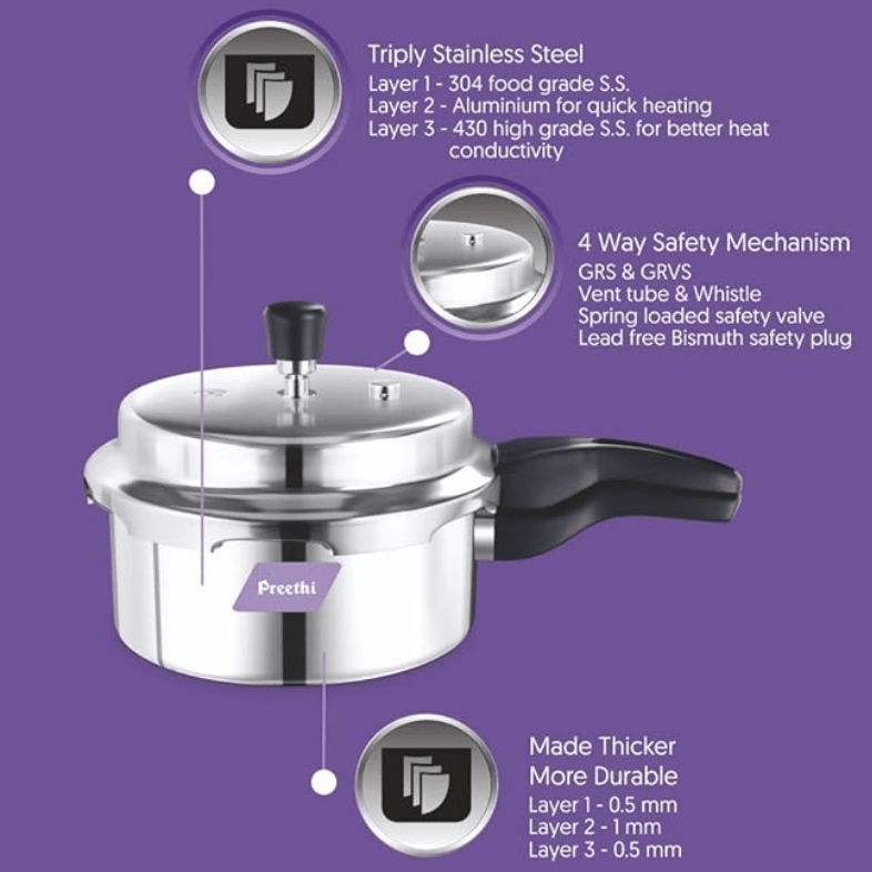 Preethi Triply Outer Lid Pressure Pan Induction Base, 1.5 Litres