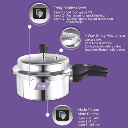 Preethi Triply Outer Lid Pressure Pan Induction Base, 1.5 Litres
