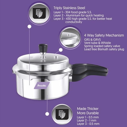 Preethi Triply Outer Lid Pressure Pan Induction Base, 1.5 Litres