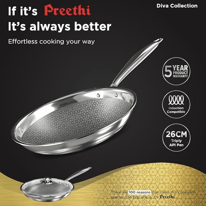 Preethi Diva Collection Triply Stainless Steel Fry Pan with API Technology, 26 cm, Gas & Induction Compatible, with Glass Lid, Metal Spatula Friendly with 5 Year Product Warranty
