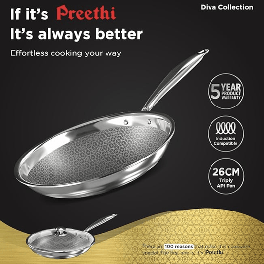 Preethi Diva Collection Triply Stainless Steel Fry Pan with API Technology, 26 cm, Gas & Induction Compatible, with Glass Lid, Metal Spatula Friendly with 5 Year Product Warranty