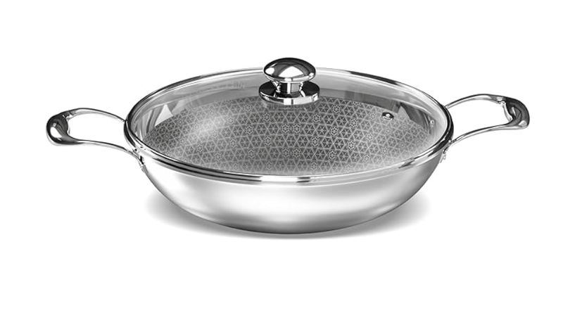 ‎Preethi Diva Collection Triply Stainless Steel Kadai with API Technology, 28 cm, Gas & Induction Compatible,with Glass Lid, Metal Spatula Friendly with 5 Year Product Warranty-1