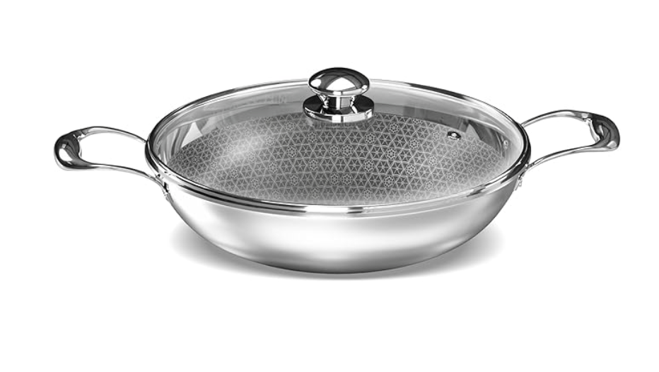 ‎Preethi Diva Collection Triply Stainless Steel Kadai with API Technology, 28 cm, Gas & Induction Compatible,with Glass Lid, Metal Spatula Friendly with 5 Year Product Warranty