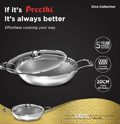 ‎Preethi Diva Collection Triply Stainless Steel Kadai with API Technology, 20 cm, Gas & Induction Compatible, with Glass Lid, Metal Spatula Friendly with 5 Year Product Warranty