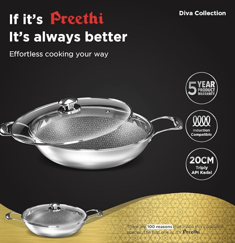 ‎Preethi Diva Collection Triply Stainless Steel Kadai with API Technology, 28 cm, Gas & Induction Compatible,with Glass Lid, Metal Spatula Friendly with 5 Year Product Warranty