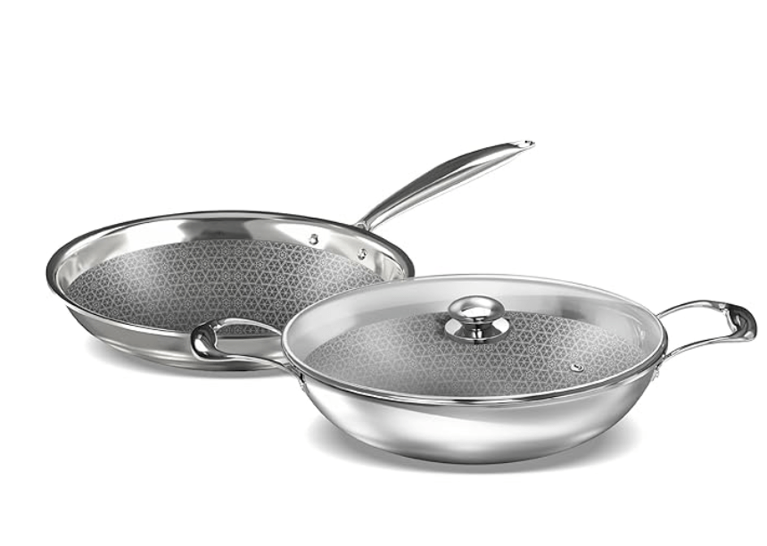 ‎Preethi Diva Collection Triply Stainless Steel Set with API Technology, 26 cm Kadai, 26 cm Fry Pan, Gas & Induction Compatible,with Glass Lid, Metal Spatula Friendly with 5 Year Product Warranty
